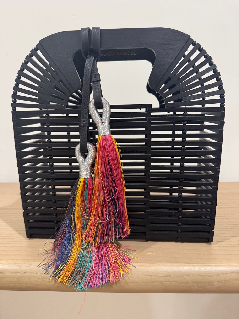 Vince Camuto Black Bamboo Style Tote with Colorful Tassels